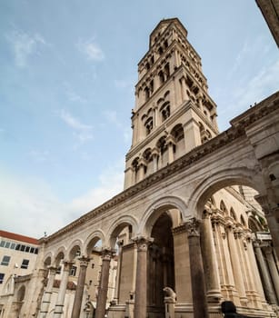 Famous bell tower at the ruins of Roman Deocletian palace in Split, Croatia