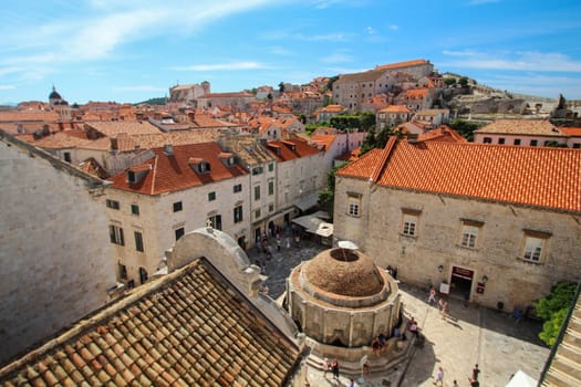 Famous Onofrio fountain in downtown Dubrovnik, view from the city wall, Croatia