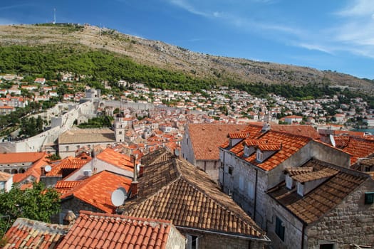 Cityscape of ancient downtown Dubrovnik seen from the city wall, Croatia