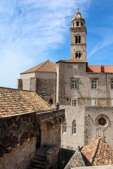 Steeple of an old historic church in downtown Dubrovnik, Croatia