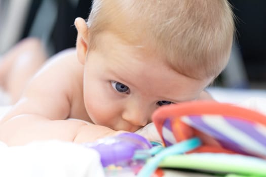 Little newborn baby eyeing its colorful toys heaped in the cot as it lies on its stomach on white bedclothes in a close up low angle view