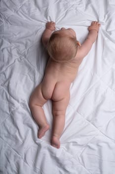 Undressed newborn infant crawling on a white bed viewed from directly above showing its cute little bottom with copy space