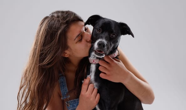 Young woman kissing her pet dog which is looking alertly at the camera with ears pricked in close up against a white wall