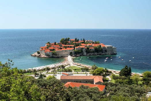 Scenic island Sveti Stefan at the coast of Montenegro