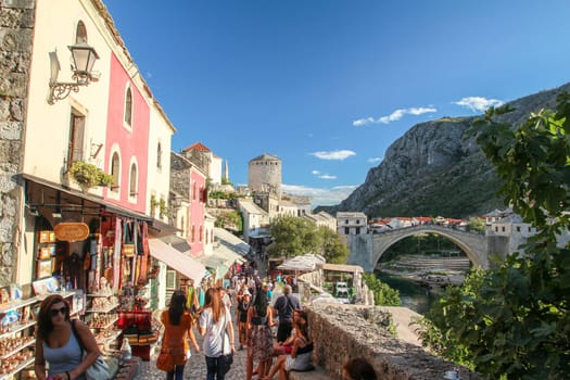 Rebuilt iconic ancient bridge in downtown Mostar, Bosnia Herzegovina