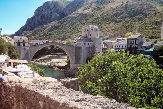 Rebuilt iconic ancient bridge in downtown Mostar, Bosnia Herzegovina