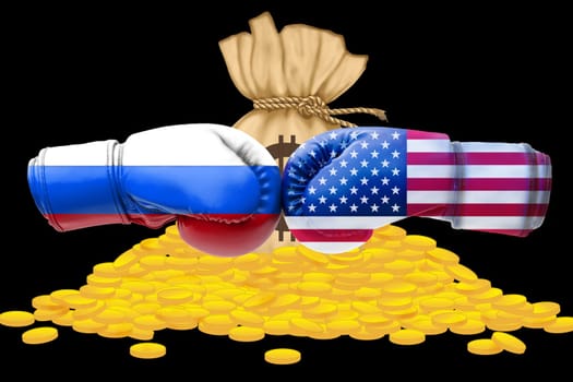 3D illustration flags of Russia and USA on pile of gold coins background.