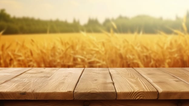 Wooden table with a scenic wheat field in the background