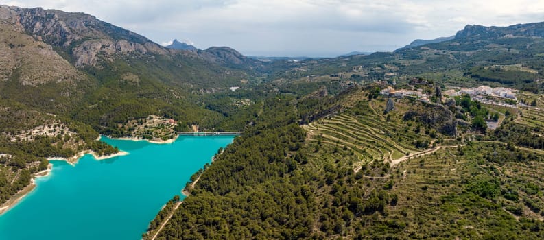 Panoramic aerial view of the Guadalest reservoir, Alicante province, listed as beautiful villages of Spain