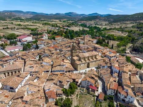 Aerial view Former Collegiate Church of Santa Maria la Mayor of Rubielos de Mora province of Teruel listed as beautiful towns of Spain