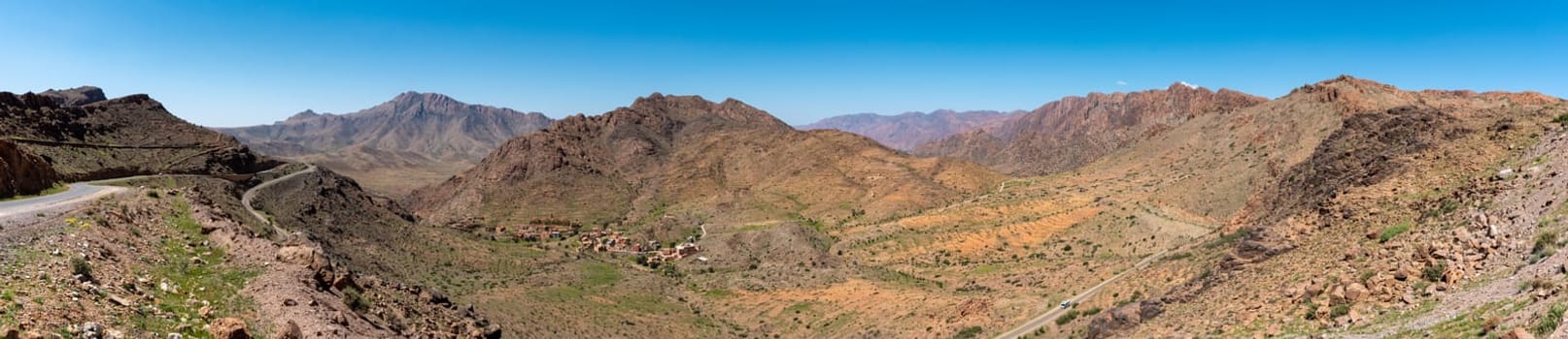 Great panoramic view of Ammeln valley in the Anti-Atlas mountains in spring, Morocco