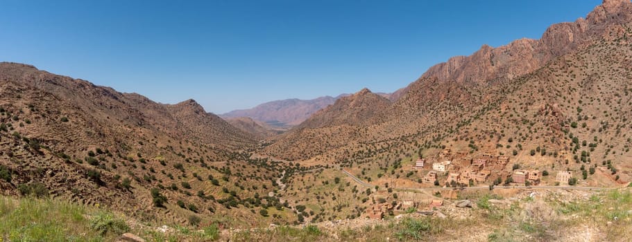 Great panoramic view of Ammeln valley in the Anti-Atlas mountains in spring, Morocco