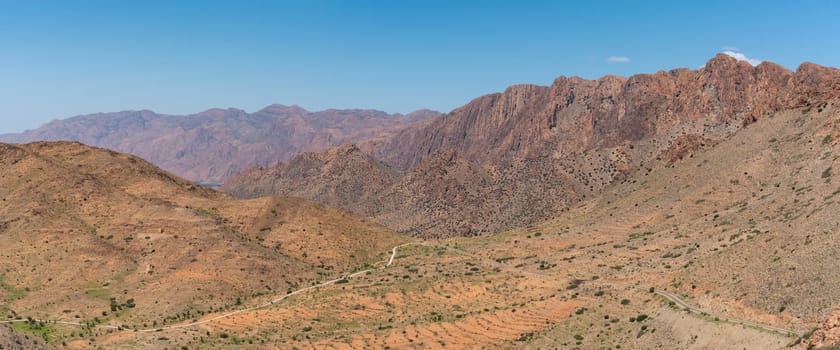 Great panoramic view of Ammeln valley in the Anti-Atlas mountains in spring, Morocco