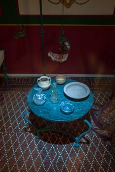 Almendralejo, Spain - Jan 26th, 2018: Roman domestic room with containers to pour wine. Wine Science Museum, Almendralejo, Spain
