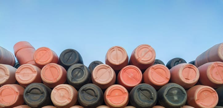Tierra de Barros industrial area. Empty barrels stacked, used in table olives industry