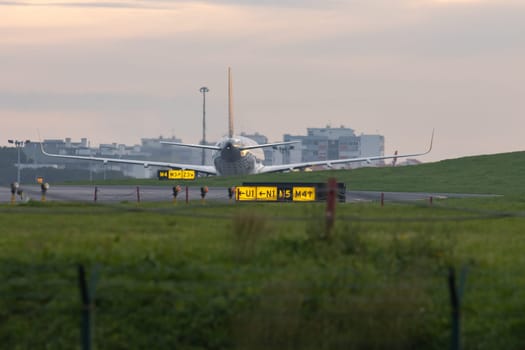30 November 2022 PORTUGAL, LISBON: direction indicators for aircraft on the runway. Mid shot