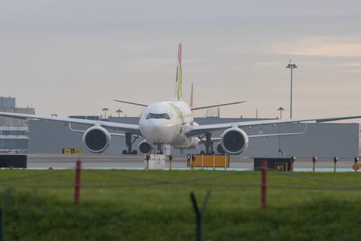 30 November 2022 PORTUGAL, LISBON: aircraft on the runway. Mid shot
