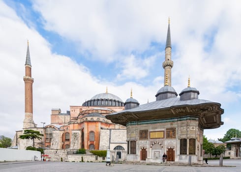 Istanbul, Turkey - May 11, 2023: Ayasofya or Hagia Sophia, formerly a Greek Orthodox church, currently converted to Mosque, located in Sultanahmet Square