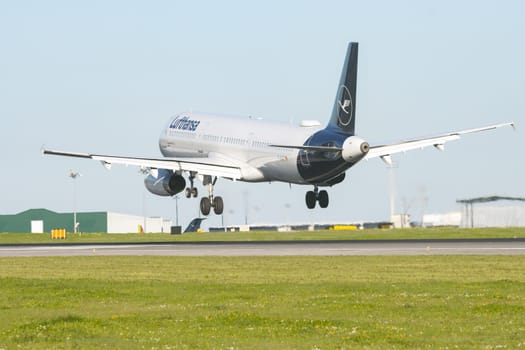 1 December 2022 PORTUGAL, LISBON: LUFTHANSA airplane took off the runway. Mid shot