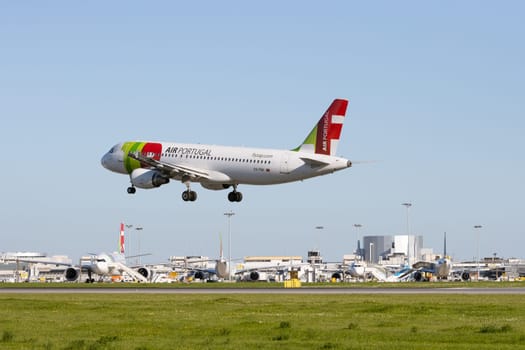 1 December 2022 PORTUGAL, LISBON: AIRPORTUGAL CS-TNX passenger plane took off the runway. Mid shot