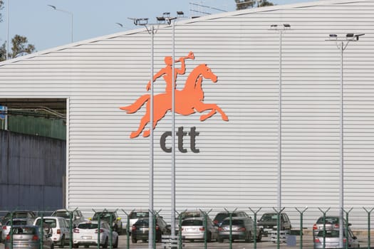 LISBON, PORTUGAL December 1, 2022: Logo and sign of CTT - Post of Portugal. Mid shot