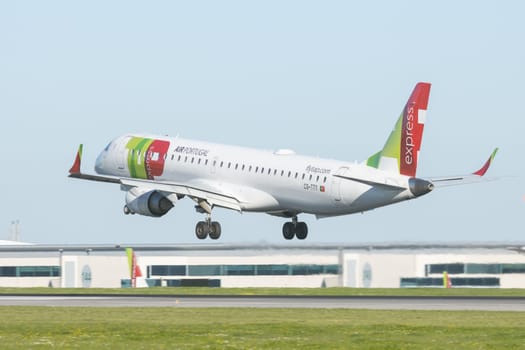 1 December 2022 PORTUGAL, LISBON: AIRPORTUGAL CS-TTY passenger plane took off the runway. Mid shot