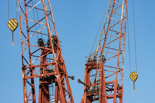 Cranes on the background of the blue sky. Mid shot