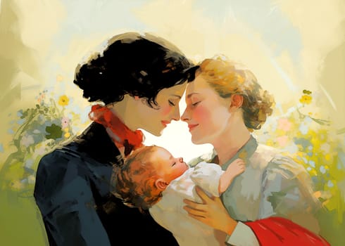 The painting effect illustration depicts two women in love, tenderly cuddling a baby, on a summer afternoon among wildflowers. The profiles of their faces are slightly shaded by the bright sunlight. With a romantic atmosphere, this painting is perfect for celebrating the birth of a child in an LGBTQ+ family or Mother's Day. It embodies the fantasy of freedom in a time when freedom did not exist.