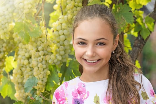 Smiling little long haired girl is posing in front of ripe grapes.  Horizontally.
