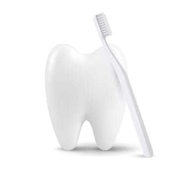 Vector 3d Realistic Tooth with Toothbrush Isolated on White Background. Medical Dentist Design Template, Clipart. Dental Health Concept.