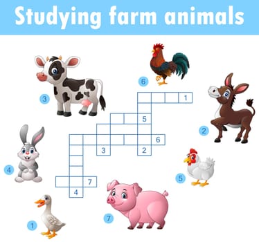Card with crossword, education game for children about farm animals