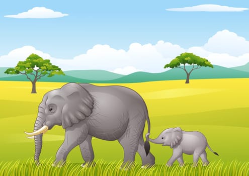 Cartoon funny elephant in the wild