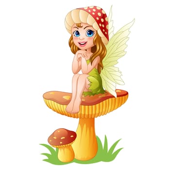 Cartoon cute fairy sitting on mushroom
