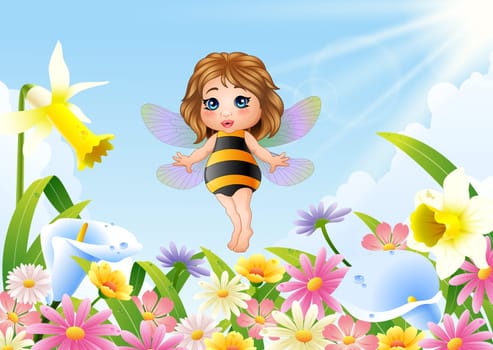 Cute fairy flying on flower field