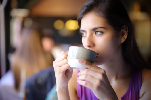 Pensive woman drinking coffee or tea in a restaurant interior looking away