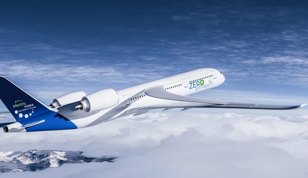 electric powered commercial airliner Aeroplane flying in the bue sky - future electro energy aviation concept. 3d rendering