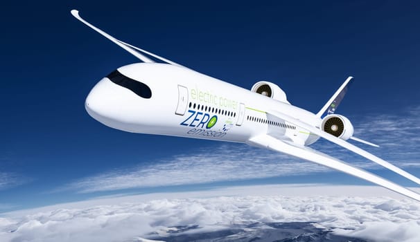 electric powered commercial airliner Aeroplane flying in the bue sky - future electro energy aviation concept. 3d rendering