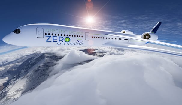 electric powered commercial airliner Aeroplane flying in the bue sky - future electro energy aviation concept. 3d rendering