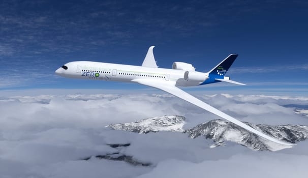 electric powered commercial airliner Aeroplane flying in the bue sky - future electro energy aviation concept. 3d rendering
