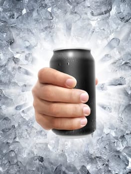 Aluminum can with water droplets in hand, on a Ice broken splash background