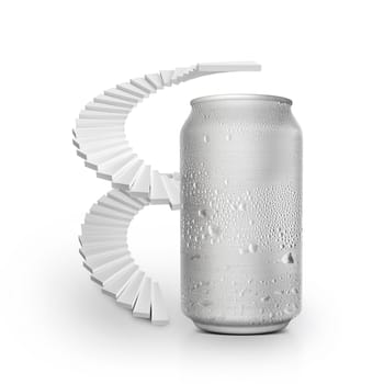 Aluminum can with water droplets sits on a spiral staircase
