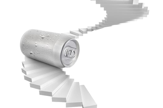 Aluminum can with water droplets sits on a spiral staircase