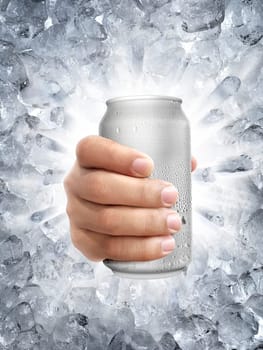Aluminum can with water droplets in hand, on a Ice broken splash background