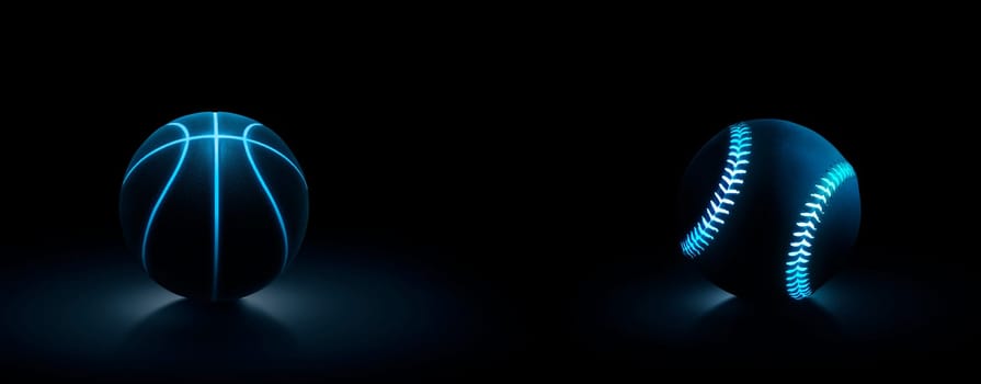 Basketball ball and black baseball ball with blue glowing neon lines on dark background