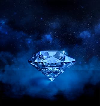 Dazzling diamond on stars background and smoke