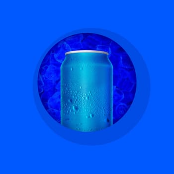 Cans with water droplets and ice on blue background