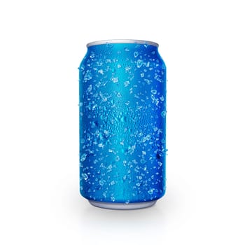 Cans with water droplets and ice on white background