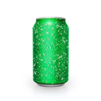 Cans with water droplets and ice on white background