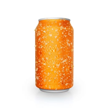 Cans with water droplets and ice on white background