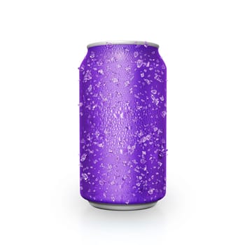 Cans with water droplets and ice on white background